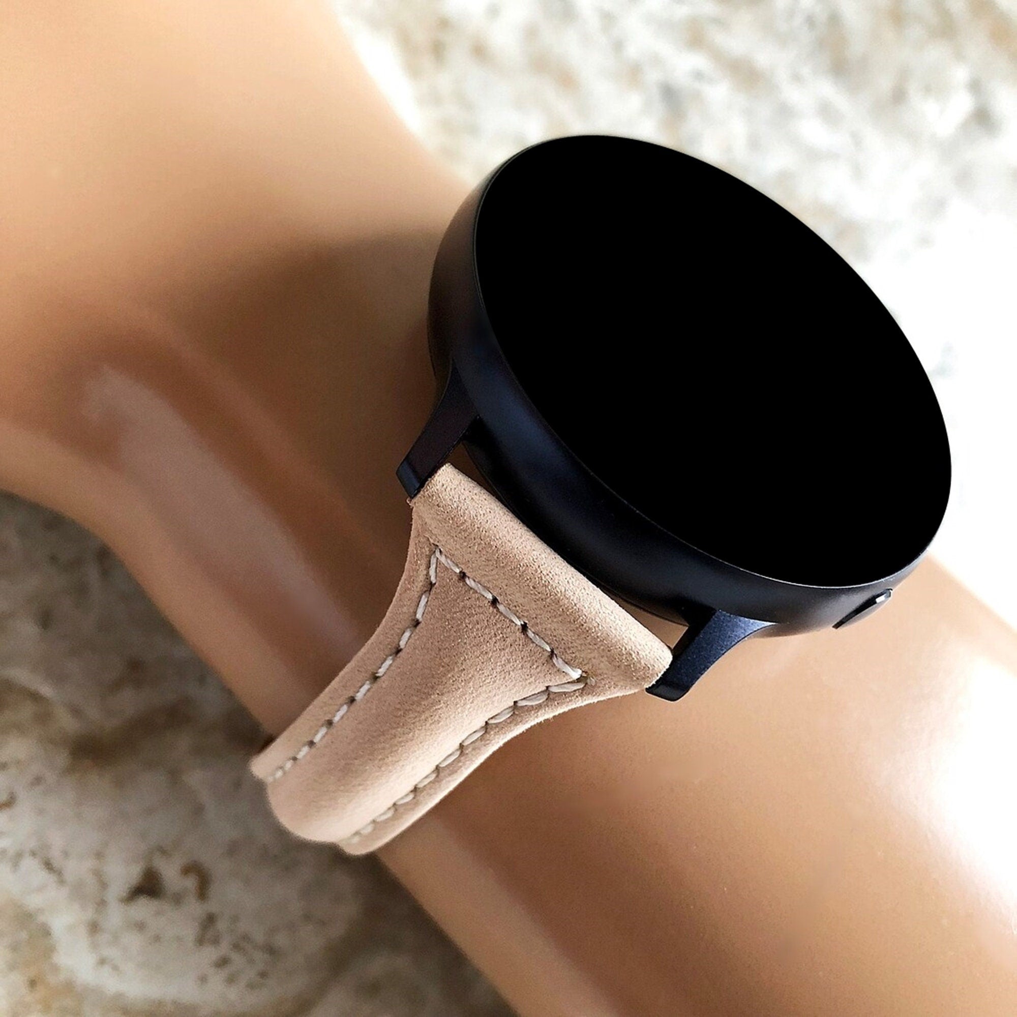 Google Pixel Watch 3 2 1 41mm Band Beige Slim Elegant Leather with Stitches Bracelet Wristband Strap Fashion Accessory Tech Jewelry B20-A